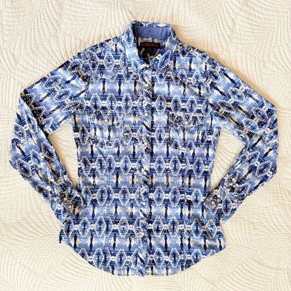 Rock & Roll Cowgirl Blue Aztec Western Pearl Snap Long Sleeve Shirt Size M - Picture 1 of 14